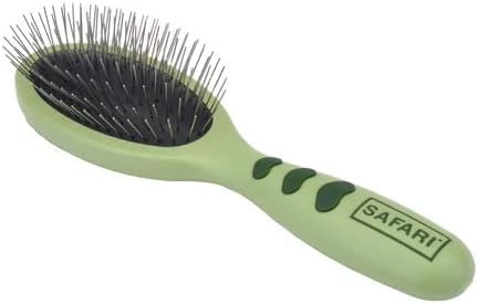 A large wire pin brush with a light green ergonomic handle and the Safari logo.