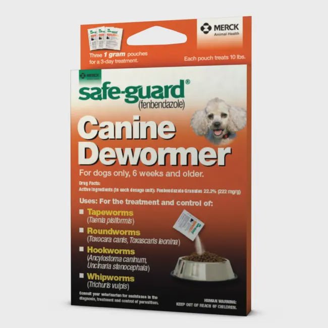 A box of Safe-Guard canine dewormer containing three 1-gram pouches of fenbendazole granules.