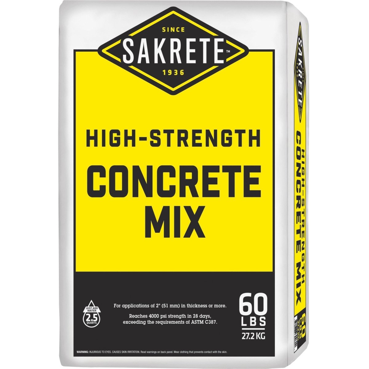 A 60-pound bag of Sakrete high-strength concrete mix with yellow and black branding.