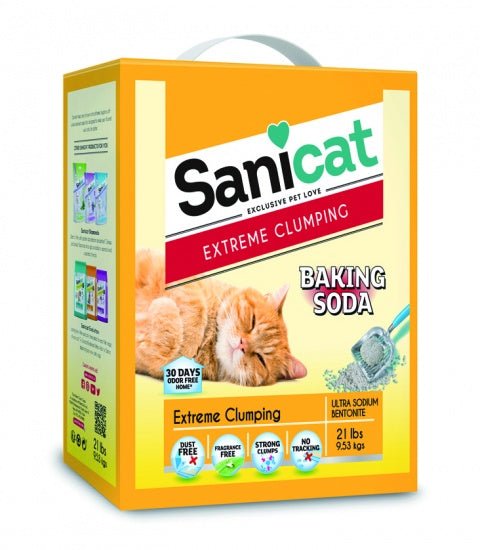 A 21-pound box of Sanicat Extreme Clumping cat litter with baking soda.