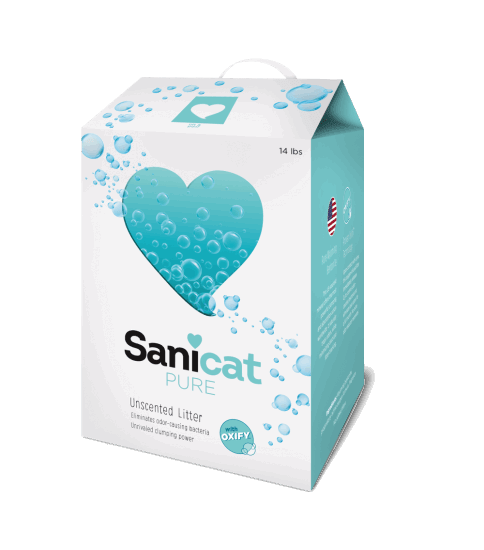 A 14-pound box of Sanicat Pure unscented cat litter featuring a heart-shaped bubble design.