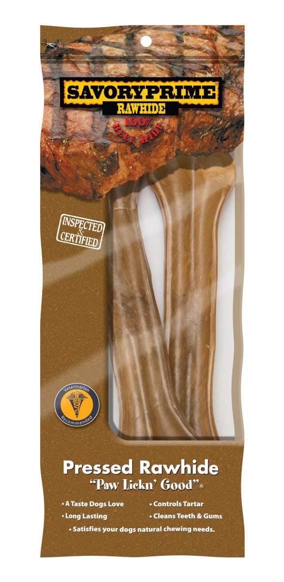 A two-pack of Savory Prime pressed rawhide bones in their original packaging.