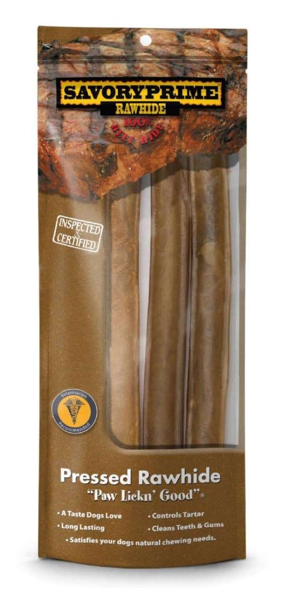 A three-pack of Savory Prime ten-inch pressed beef rawhide rolls in a clear-fronted package.