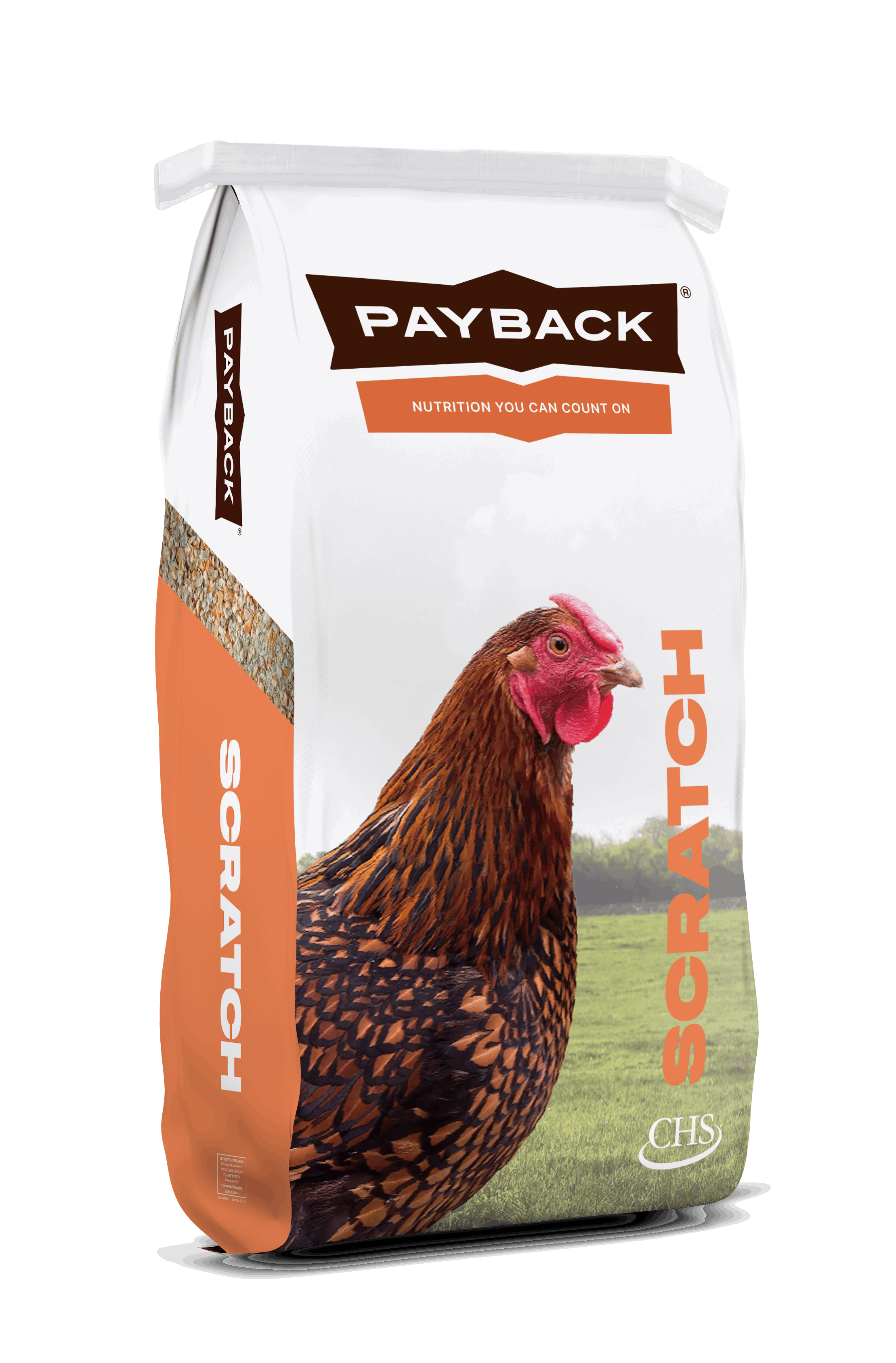 A bag of Payback 5 Grain Hen Scratch featuring a picture of a chicken on a grassy field.