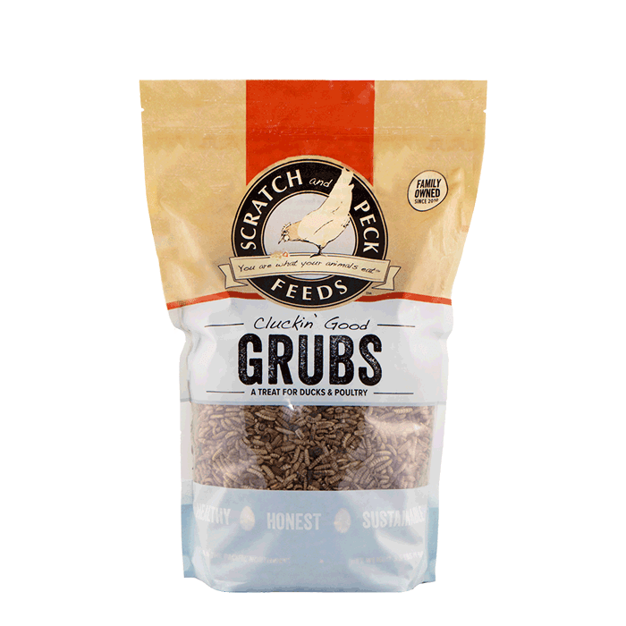 A bag of Scratch and Peck Cluckin' Good Grubs dried black soldier fly larvae for poultry.