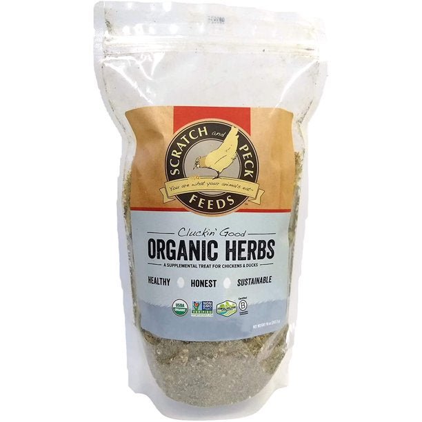 A ten-ounce bag of Scratch and Peck organic herb supplement for chickens and ducks.