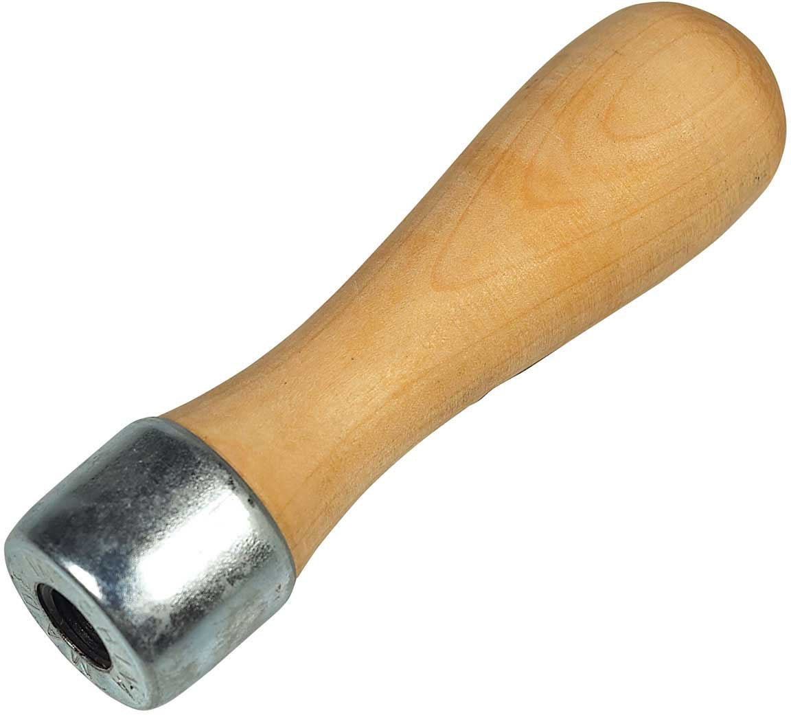 A wooden screw-on hoof rasp handle with a metal ferrule.