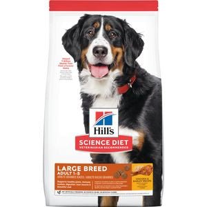 A bag of Hill's Science Diet Large Breed adult dog food featuring a Bernese Mountain Dog.