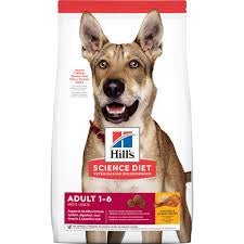 A bag of Hill's Science Diet Adult 1-6 dry dog food featuring a picture of a dog.