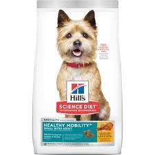 A bag of Hill's Science Diet Healthy Mobility Small Bites dry dog food featuring a small dog.