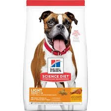 A bag of Hill's Science Diet Light Adult 1-6 dry dog food featuring a boxer dog on the front.