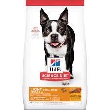 A bag of Hill's Science Diet Light Small Bites dry dog food featuring a Boston Terrier.