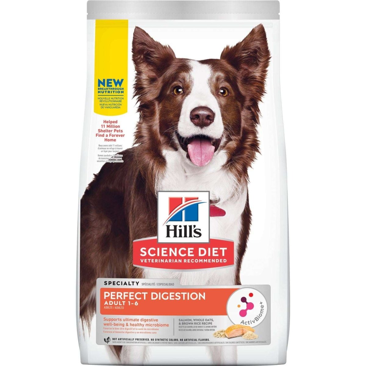 A bag of Hill's Science Diet Perfect Digestion salmon and brown rice dog food.