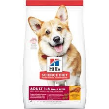 A bag of Hill's Science Diet Adult 1-6 Small Bites dry dog food featuring a Corgi.
