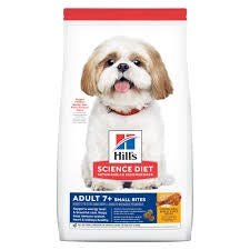 A bag of Hill's Science Diet Adult 7+ Small Bites dry dog food featuring a small dog.