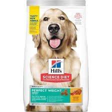A bag of Hill's Science Diet Adult Perfect Weight dry dog food featuring a golden retriever.