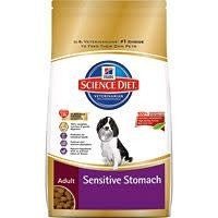 A bag of Hill's Science Diet Adult Sensitive Stomach and Skin dry dog food.