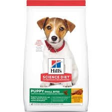A bag of Hill's Science Diet Small Bites puppy food featuring a Jack Russell Terrier puppy.