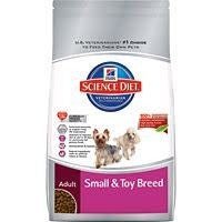 A bag of Hill's Science Diet adult dry dog food for small and toy breeds.