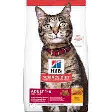 A bag of Hill's Science Diet Adult 1-6 dry cat food featuring a tabby cat on the front.