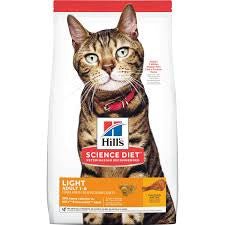 A bag of Hill's Science Diet Light Adult dry cat food featuring a tabby cat.