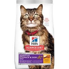 A bag of Hill's Science Diet Sensitive Stomach and Skin dry cat food featuring a tabby cat.