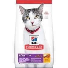 A bag of Hill's Science Diet Adult 11+ Age Defying dry cat food featuring a cat on the front.