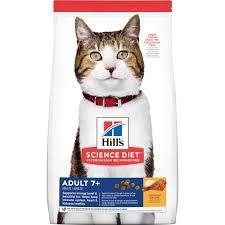 A bag of Hill's Science Diet Adult 7+ dry cat food featuring a cat on the front.