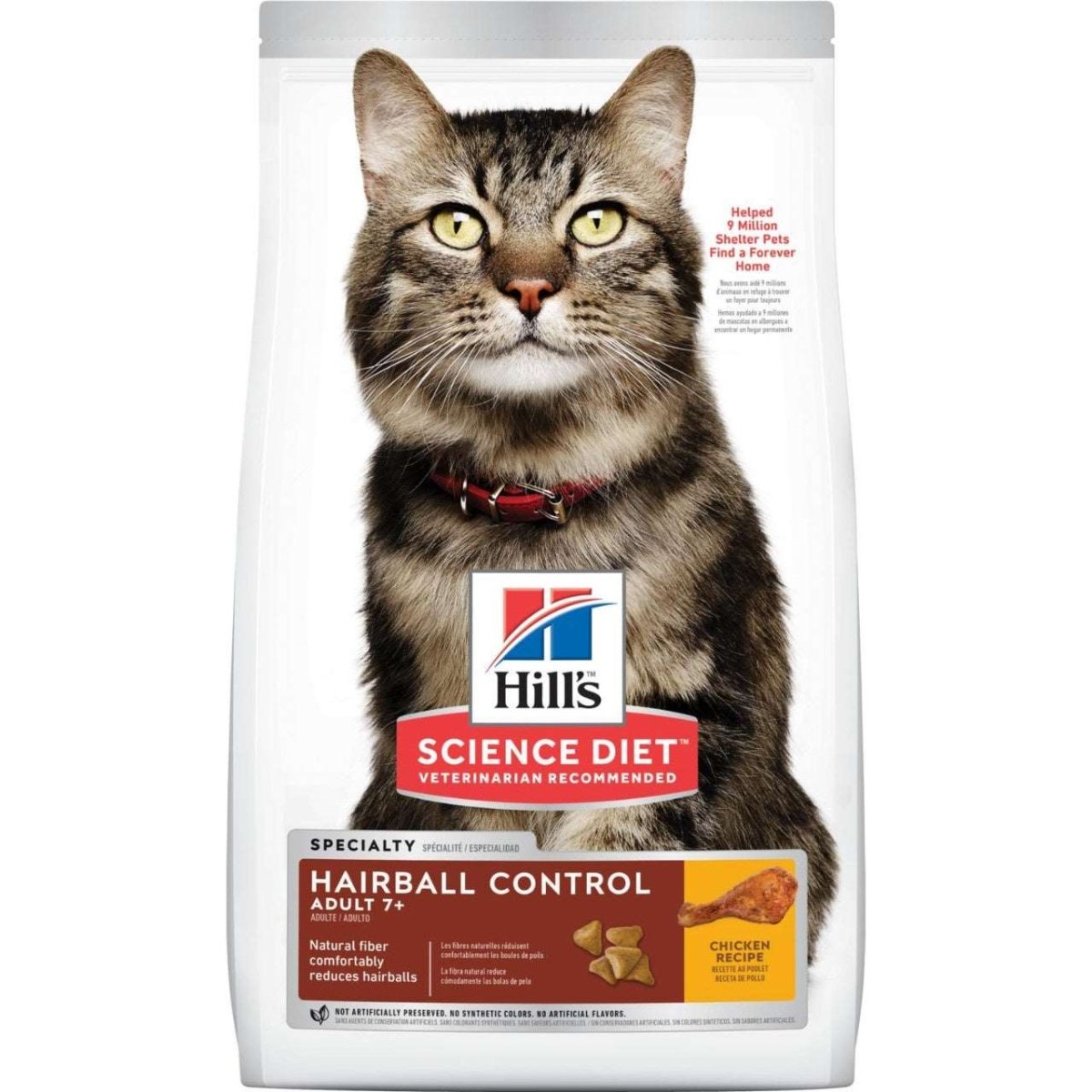 A bag of Hill's Science Diet Adult 7+ Hairball Control dry cat food with a tabby cat on the front.