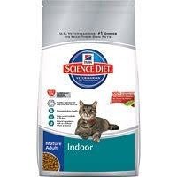 A bag of Hill's Science Diet Indoor Adult 7+ dry cat food featuring a mature cat.
