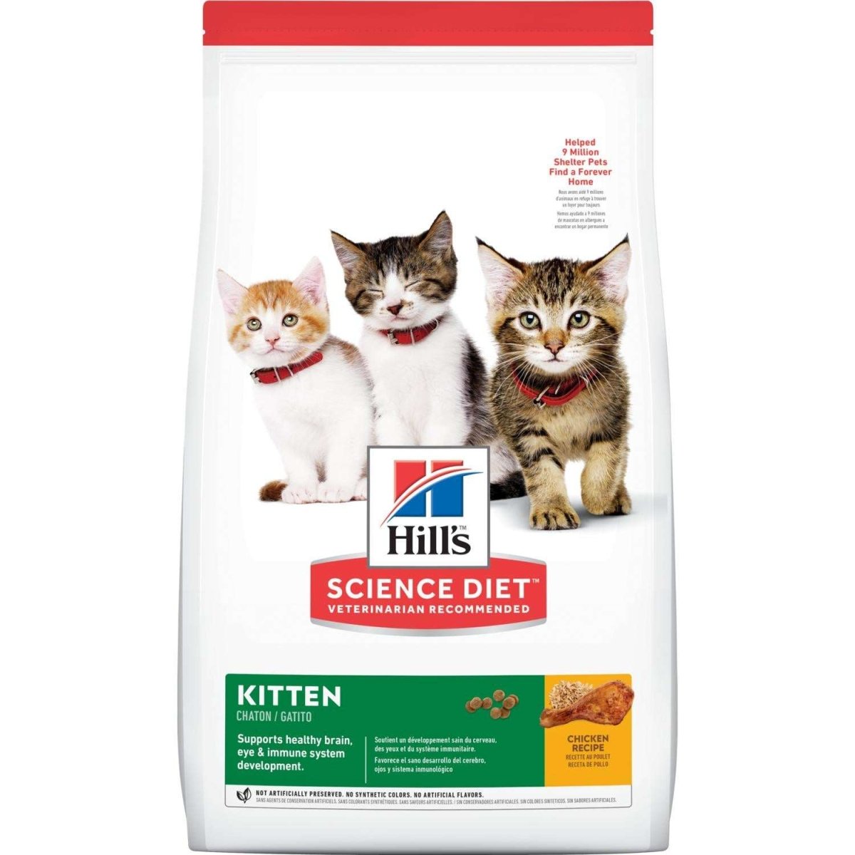 A bag of Hill's Science Diet kitten dry food featuring three kittens on the front.