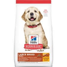 A bag of Hill's Science Diet Large Breed Puppy dry dog food featuring a golden retriever puppy.