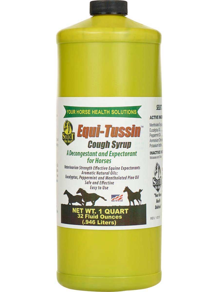 A one-quart bottle of Select the Best Equi-Tussin cough syrup for horses with a green label.