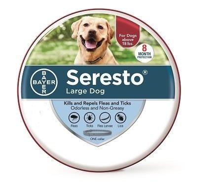 A round tin of Seresto flea collar for large dogs featuring a picture of a Labrador.