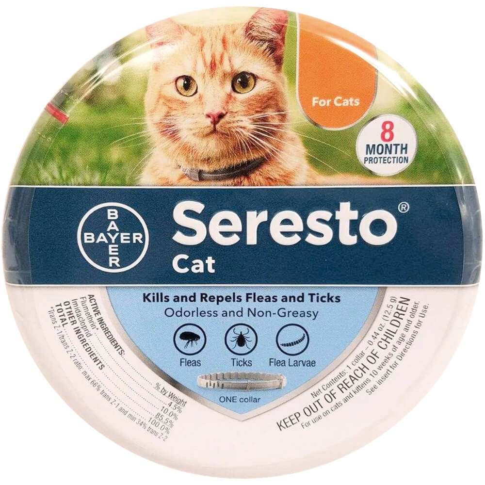 A Seresto flea and tick collar for cats in its round retail packaging.