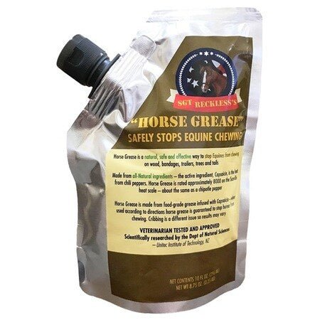 A silver pouch of Sgt Reckless's Horse Grease with a black spout and a label featuring a horse.
