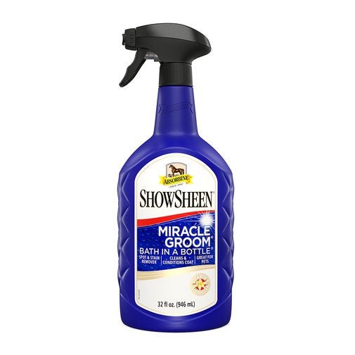 A 32-ounce spray bottle of Absorbine Showsheen Miracle Groom horse shampoo.