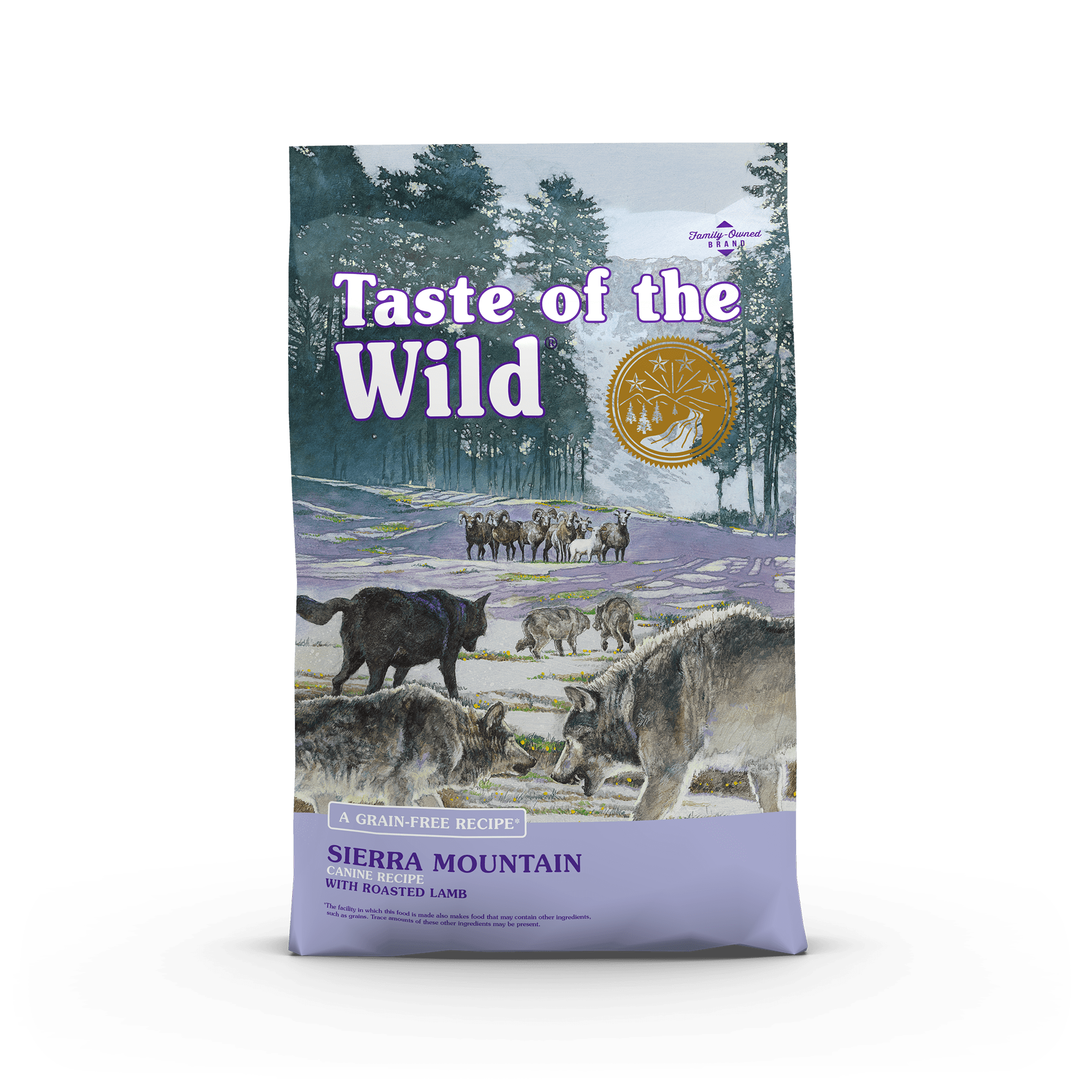 A bag of Taste of the Wild Sierra Mountain grain-free canine recipe with roasted lamb.
