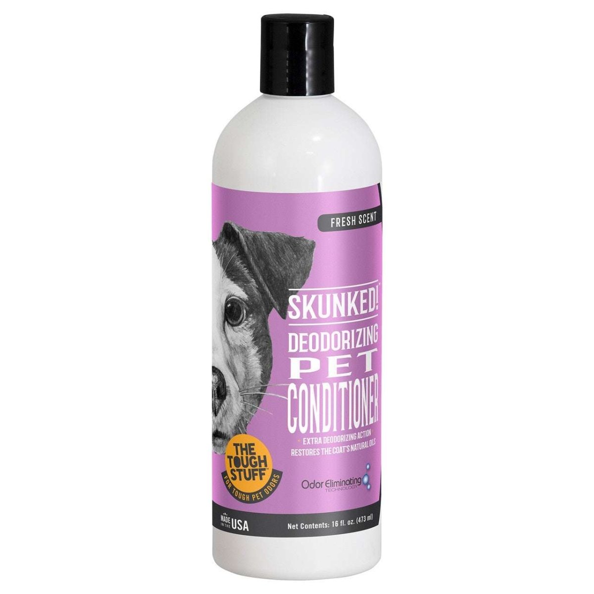 A 16-ounce bottle of Skunked! deodorizing pet conditioner with a purple label featuring a dog.