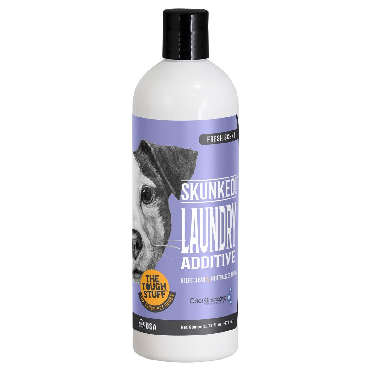 A 16 fluid ounce bottle of Skunked! laundry additive with a purple label featuring a dog.