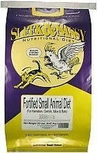 A bag of Sleek and Sassy fortified small animal diet featuring a bird and a small mammal.
