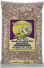 A five-pound bag of Sleek and Sassy Garden Small Hook bird food with a purple and yellow label.