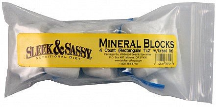 A clear plastic bag containing four rectangular white mineral blocks for birds.