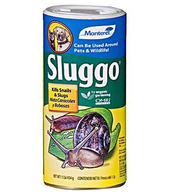 A one-pound canister of Sluggo slug and snail killer featuring illustrations of garden pests.