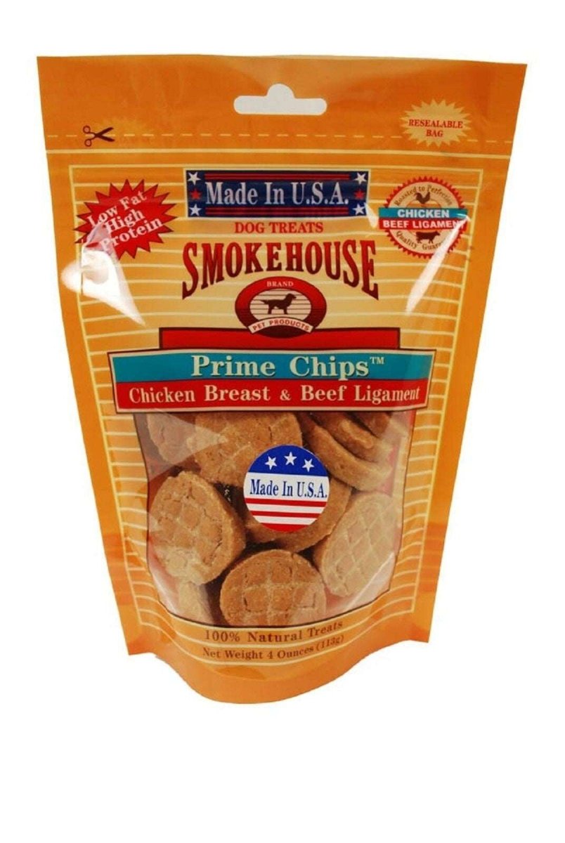 A four-ounce resealable bag of Smokehouse Prime Chips dog treats made with chicken and beef.