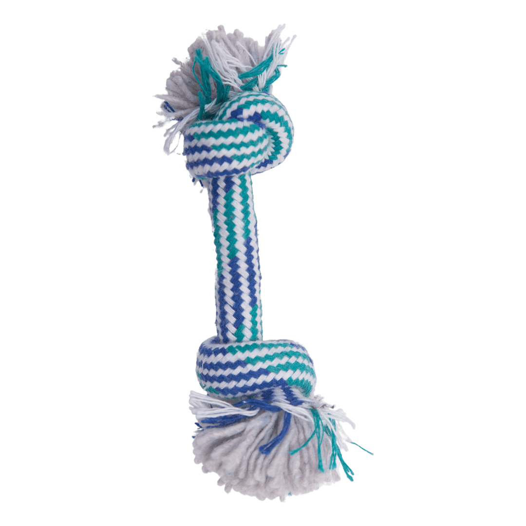 A small, five-inch dog toy made of braided blue, green, and white cotton rope with knotted ends.