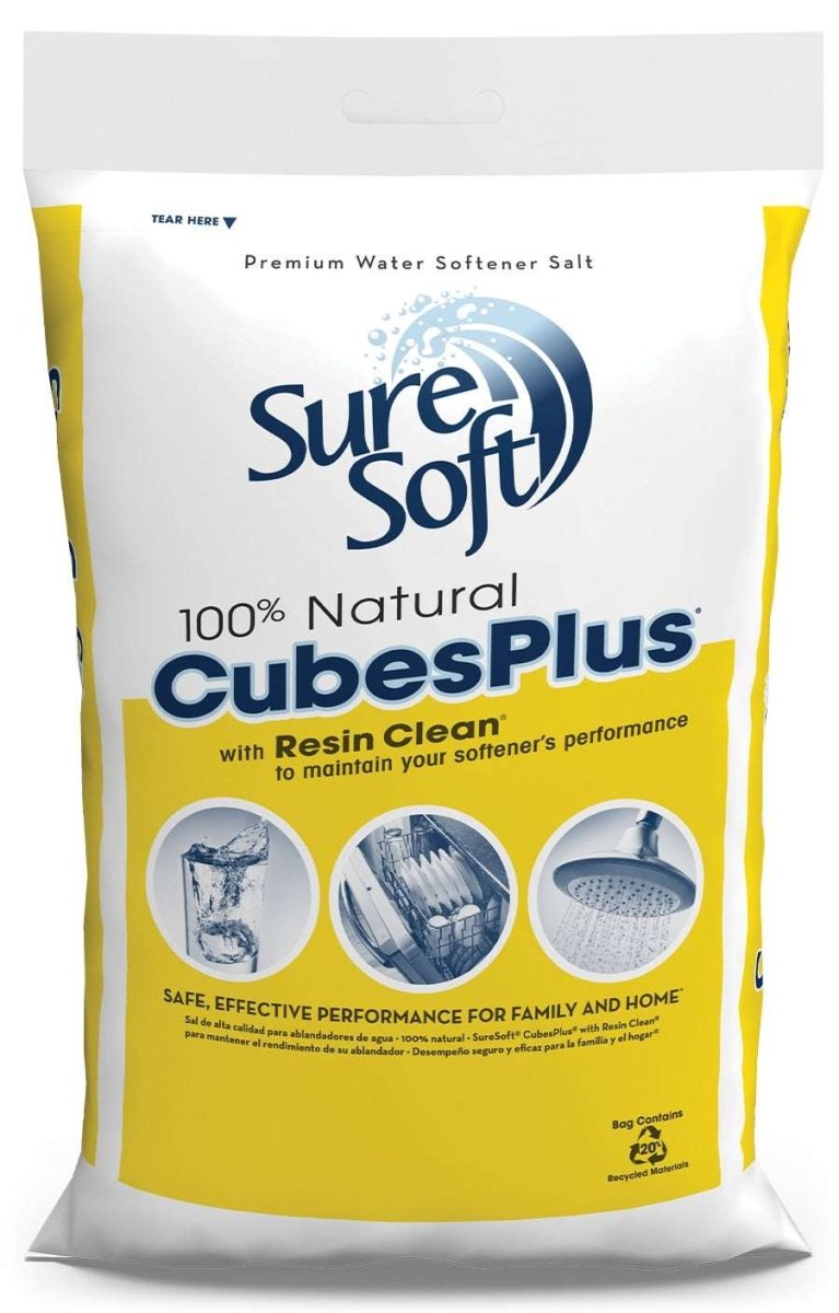 A bag of SureSoft CubesPlus premium water softener salt with Resin Clean.