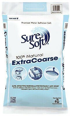 A bag of SureSoft extra coarse water softener salt with illustrations of household water fixtures.