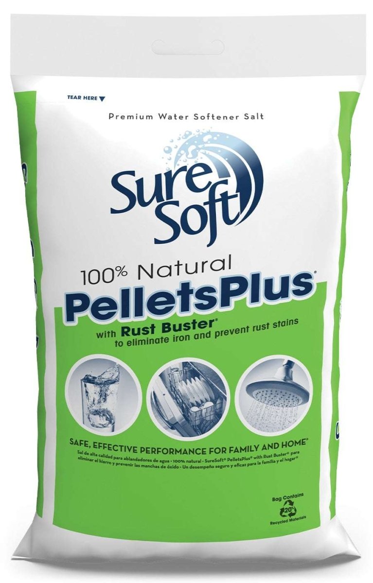 A bag of SureSoft PelletsPlus water softener salt with Rust Buster.