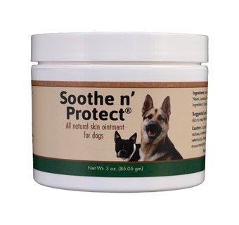 A white jar of Soothe n' Protect dog skin ointment featuring images of two dogs on the label.